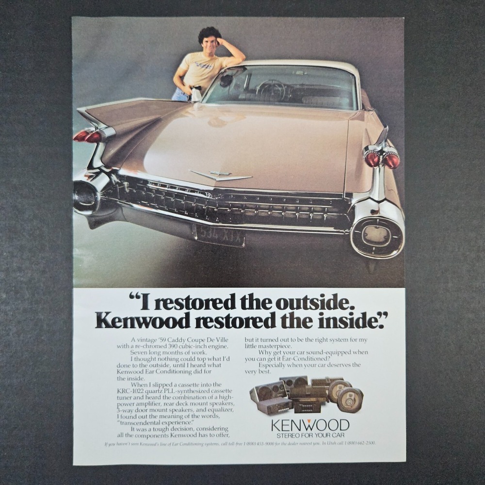 1983 Kenwood Car Audio '59 Cadillac Coupe De Ville Vintage Print Ad KRC-1022